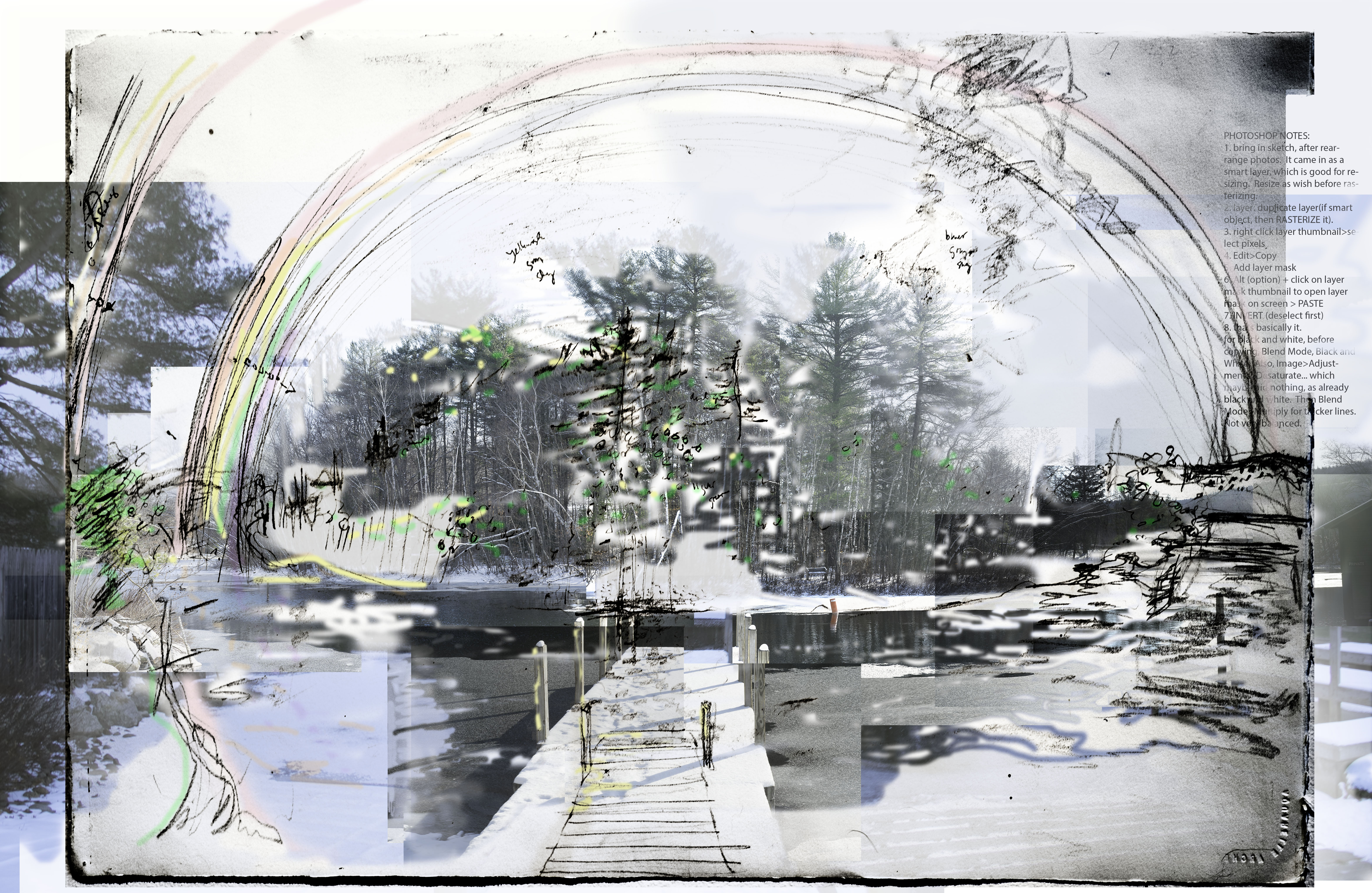 a digital sketch called channel sketch combining photographic collage with a watercolor.