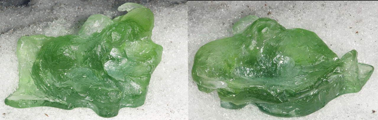 Green (transparent) and clear cast glass maquette (three dimensional sketch), or small sculpture - that maybe could be furthered, representing otters grooming each other.
