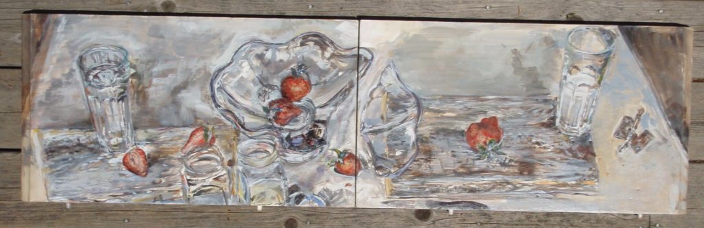 A painting in oil pigments from purchased prepared and tubed, made in translucent layers, on wooden panels. Water, glass, strawberries, hinges.
