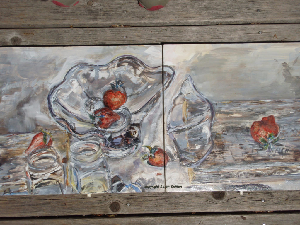 Detail of the painting in two panels called Glass, Water, Strawberries, and hinges.