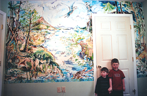 A Northeast Inland, New England, Dinosaur Mural for a family with children, the mural mostly to the left of the door, though also over a door, and some of the mural to the right of the door.