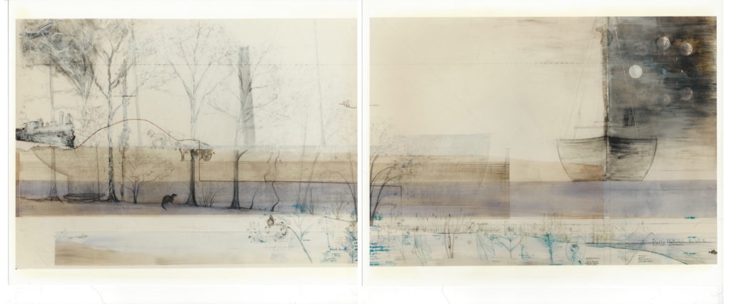 Ink, gesso, and photocopy transfer on very heavy 100% cotton rag on paper. An image of layers over time, looking at a transect of the river bank through time, down to the edge of the water - within the layers, there once was a pier, - the river's edge was once further back from the current edge.