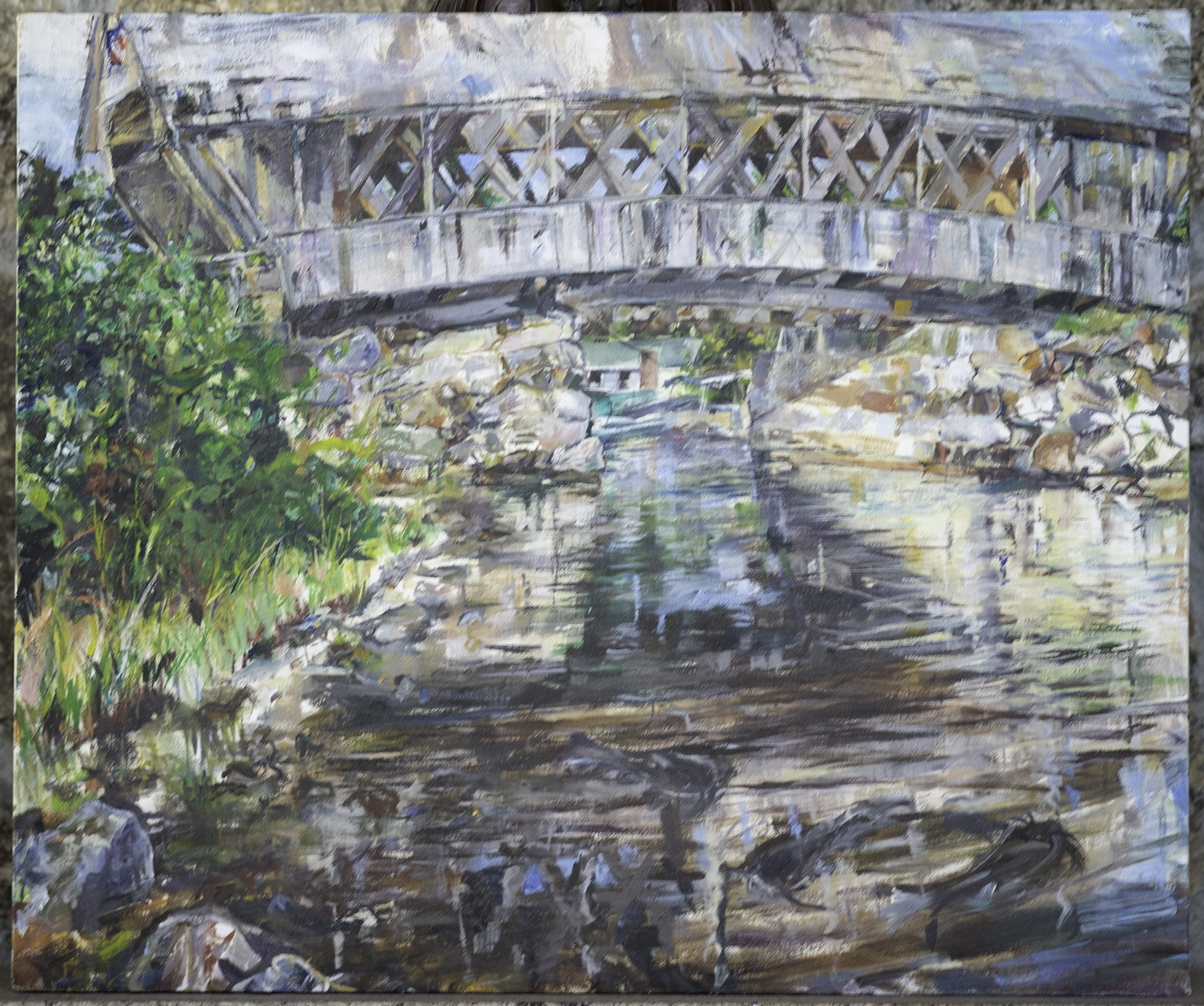 oil painting of covered bridge with fish, fishermen, and an American flag